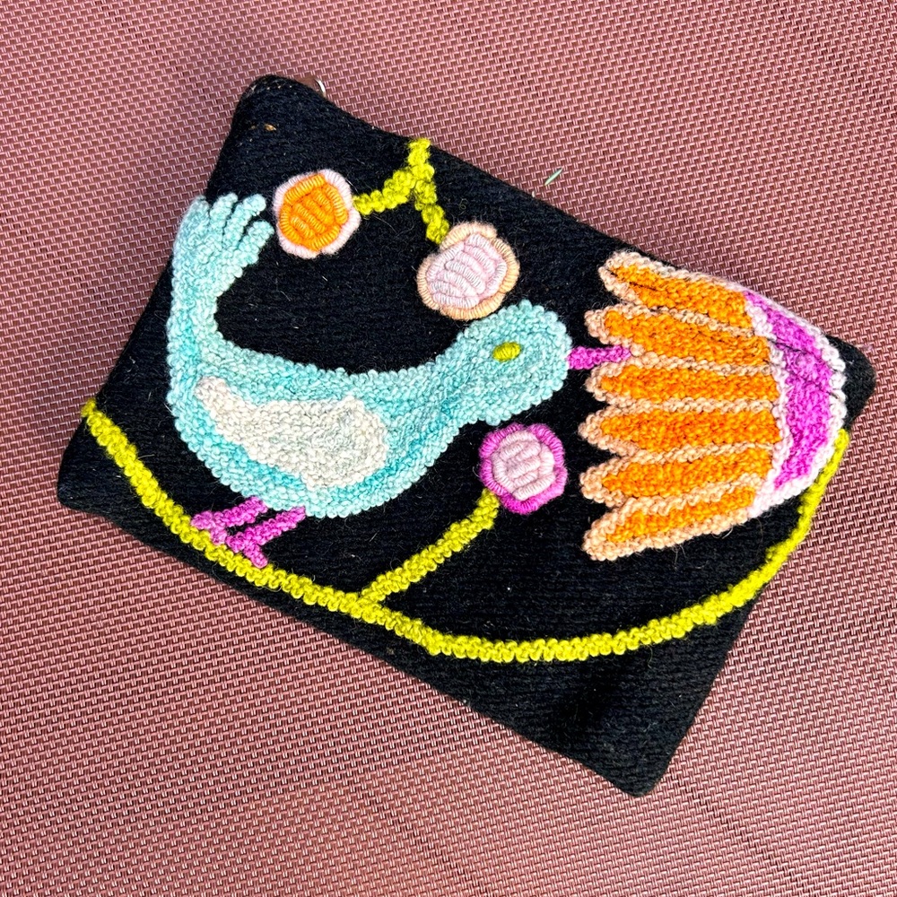Jenny Krauss Fair Trade Embroidered Zipper Pouch Bird and Flower on Black